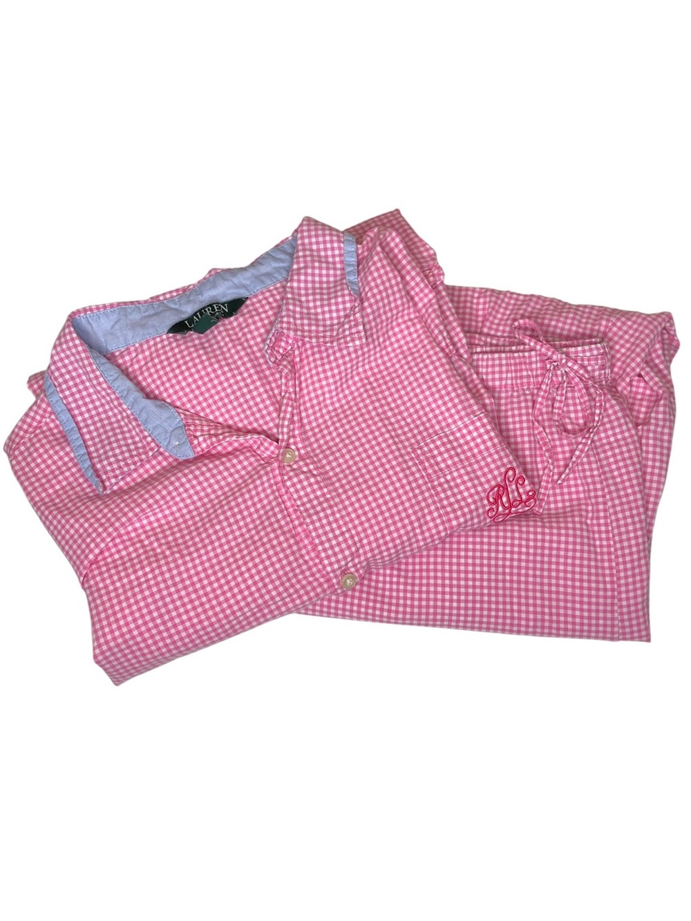 Women's XL Lauren Ralph Lauren Pink Gingham Cotton Preppy Pajama Set Sleepwear
